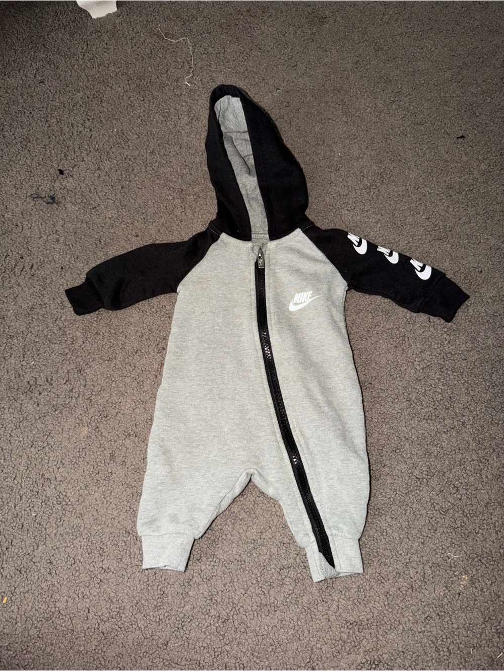 Nike Grey and Black Hooded Zip One-Piece for Baby